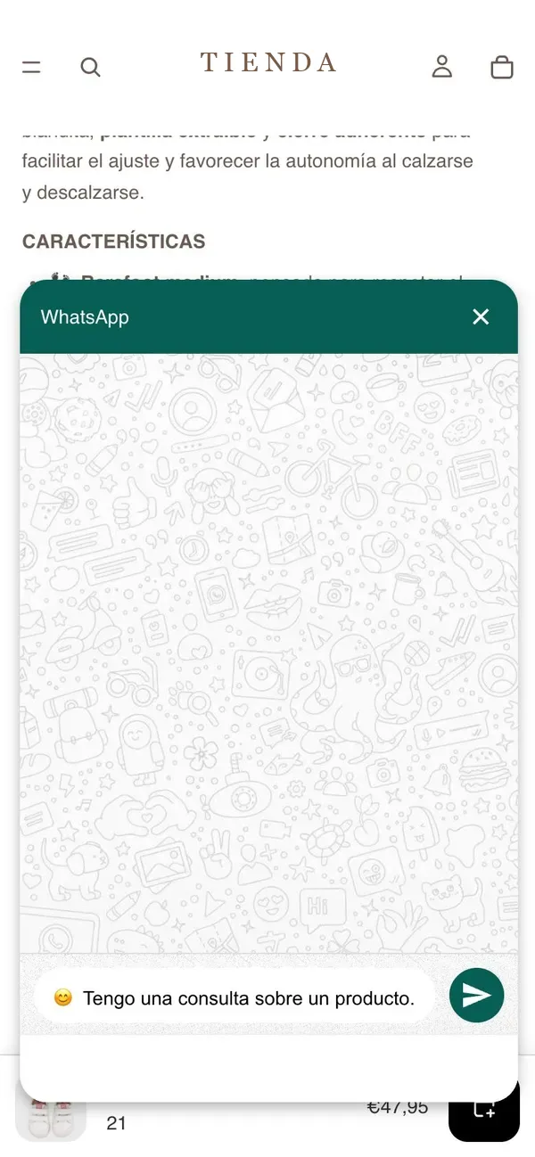 Chat de WhatsApp abierto al tocar el botón de compra