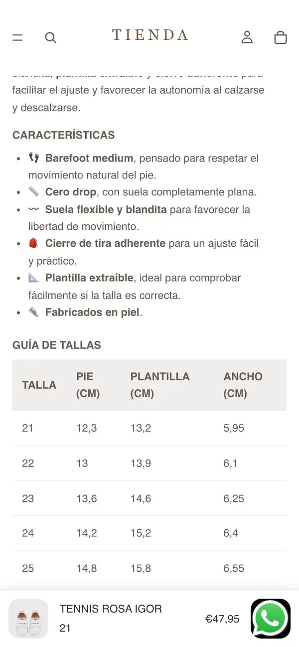 Barra fija de compra con la burbuja de WhatsApp encima del botón