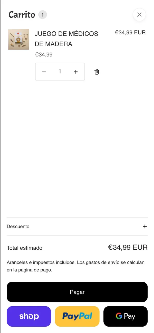 Cesta con el aviso de que el envío se calcula en la página de pago