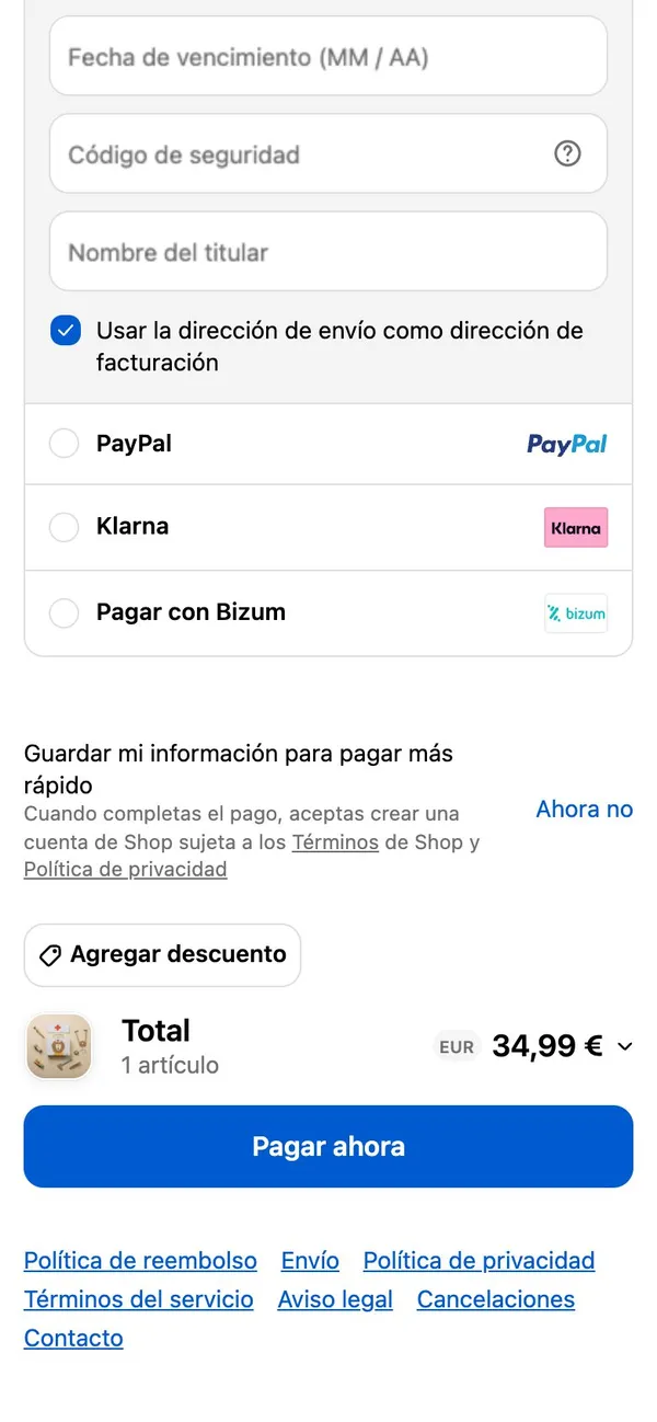 Pantalla de pago con el total sin envío