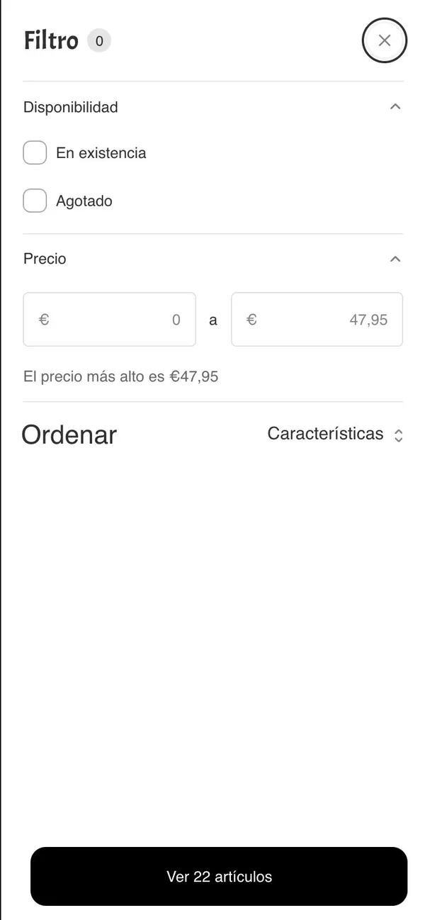 Filtros actuales de la colección de calzado: solo disponibilidad y precio