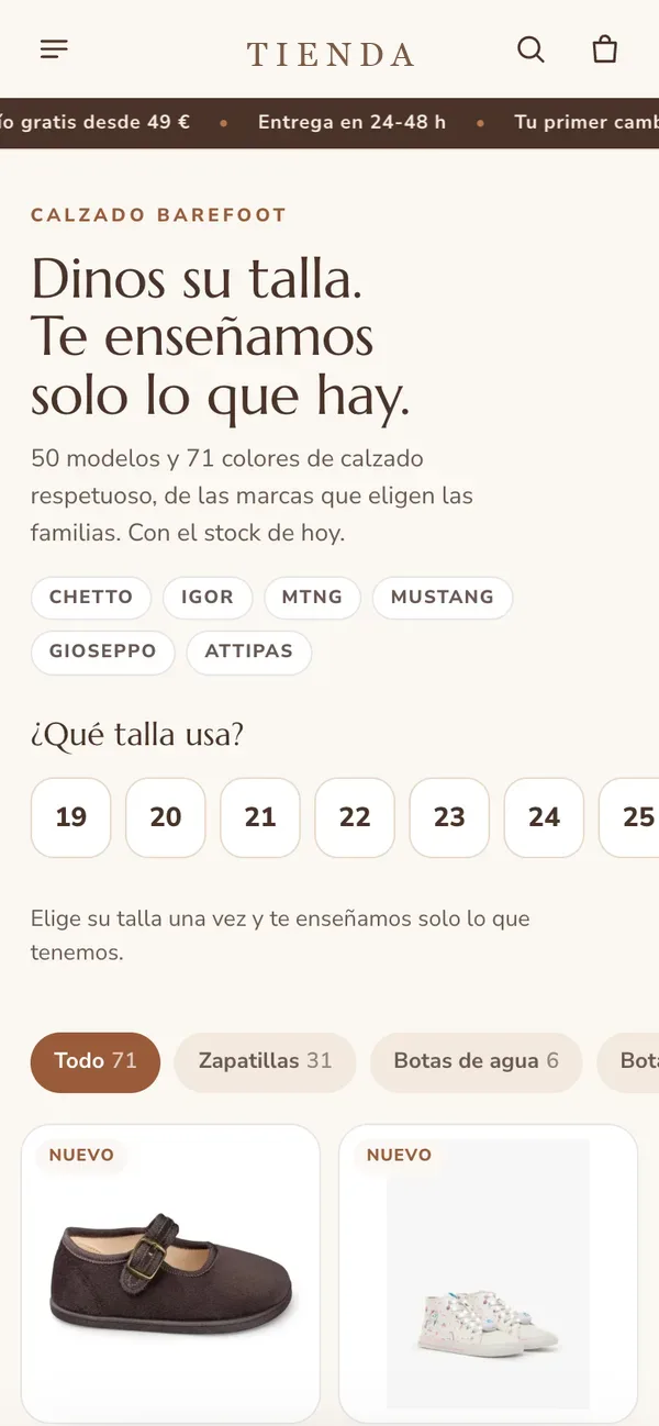 Propuesta de compra por talla, en un móvil