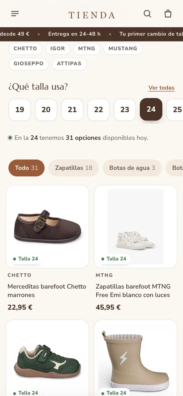 Propuesta: la talla 24 elegida y solo los modelos disponibles