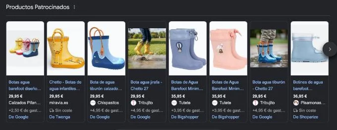 Anuncios de Google Shopping de botas de agua Chetto a 29,95 euros de otras tiendas