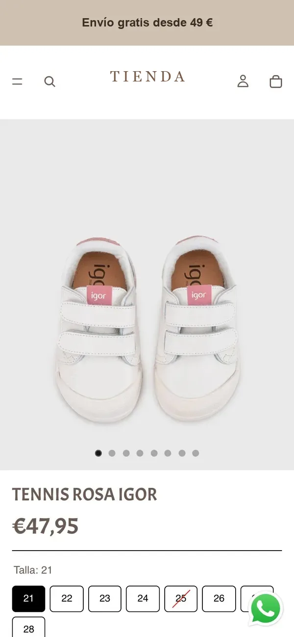 Ficha de Tennis Rosa IGOR con la talla 21 ya elegida y la talla 27 tapada por WhatsApp